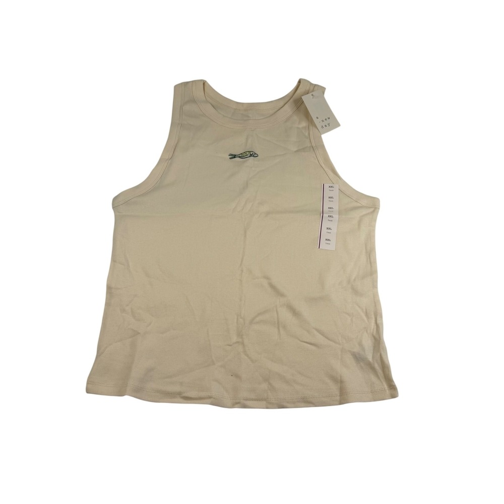 A New Day‎ Womens XXL Cream Ribbed Tank Top Embroidered Fish High Neck NWT